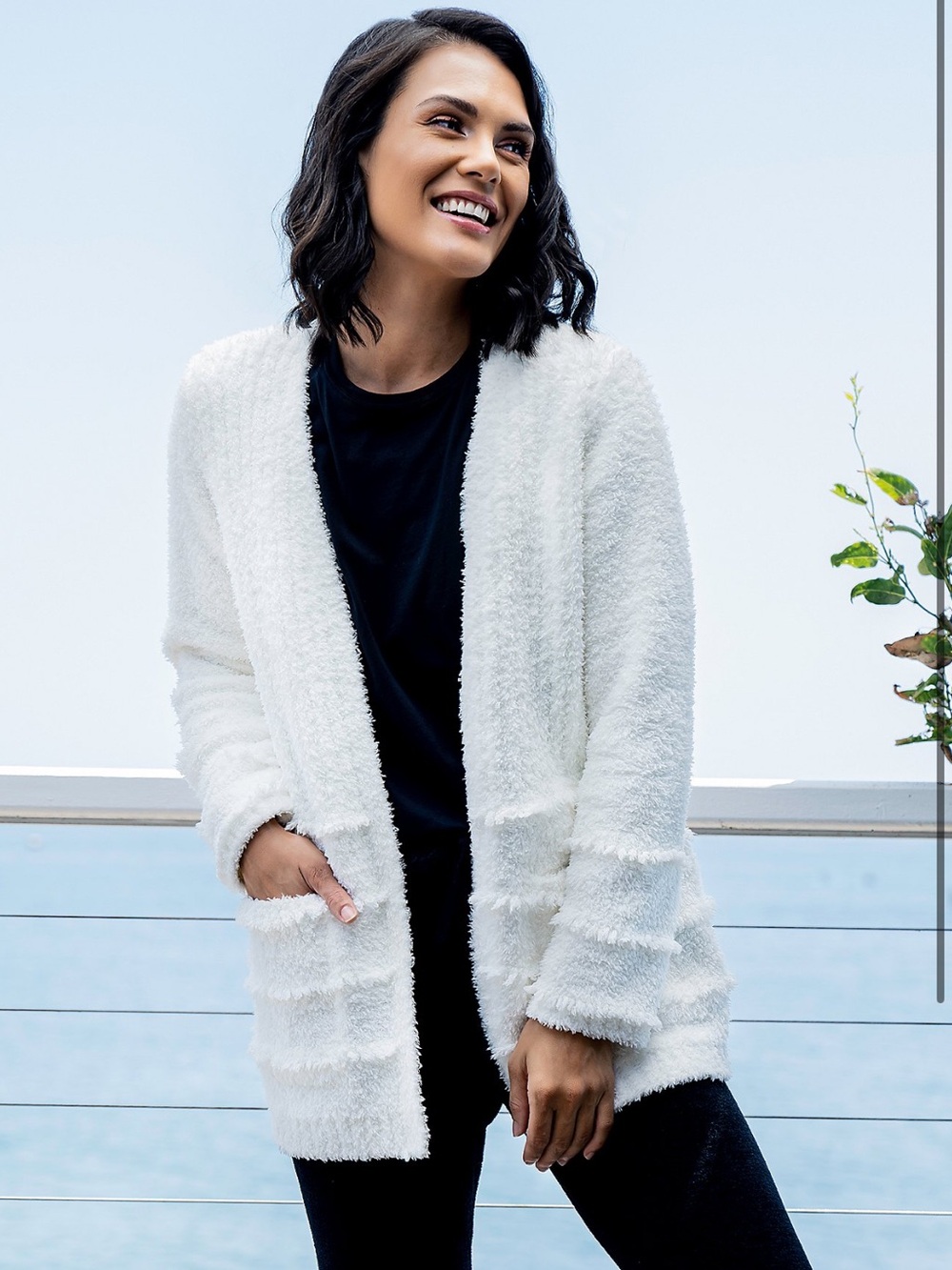 Barefoot Dreams Cozychic Boardwalk Open-Front White Fuzzy Cardigan Sweater Sz S